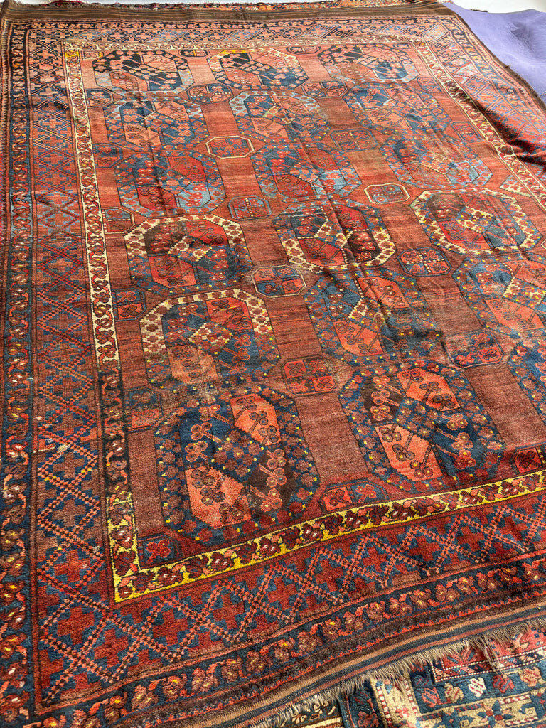 Coming Soon... OLD "Mother-Child" Nomadic Tribal Afghan Elephant Track Carpet | Saffron, Kiwi, Glacier Blue, Onyx | 9.3 x 12.3