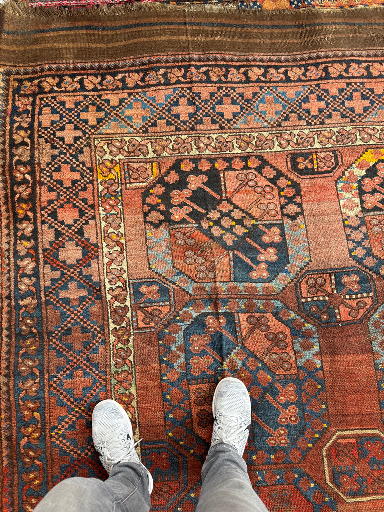 Coming Soon... OLD "Mother-Child" Nomadic Tribal Afghan Elephant Track Carpet | Saffron, Kiwi, Glacier Blue, Onyx | 9.3 x 12.3