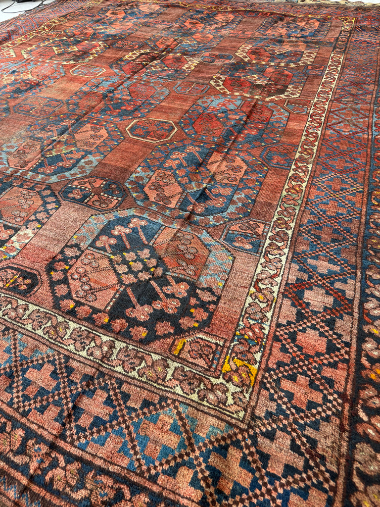 Coming Soon... OLD "Mother-Child" Nomadic Tribal Afghan Elephant Track Carpet | Saffron, Kiwi, Glacier Blue, Onyx | 9.3 x 12.3