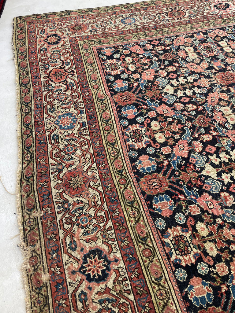 STUNNING Lattice Pattern Room-Size Antique Persian Feraghan, C. 1910-20 | Indigo, Pistachio Green, Ice Blue, Coral | 10.2 x 12.10
