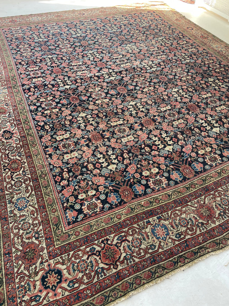 STUNNING Lattice Pattern Room-Size Antique Persian Feraghan, C. 1910-20 | Indigo, Pistachio Green, Ice Blue, Coral | 10.2 x 12.10