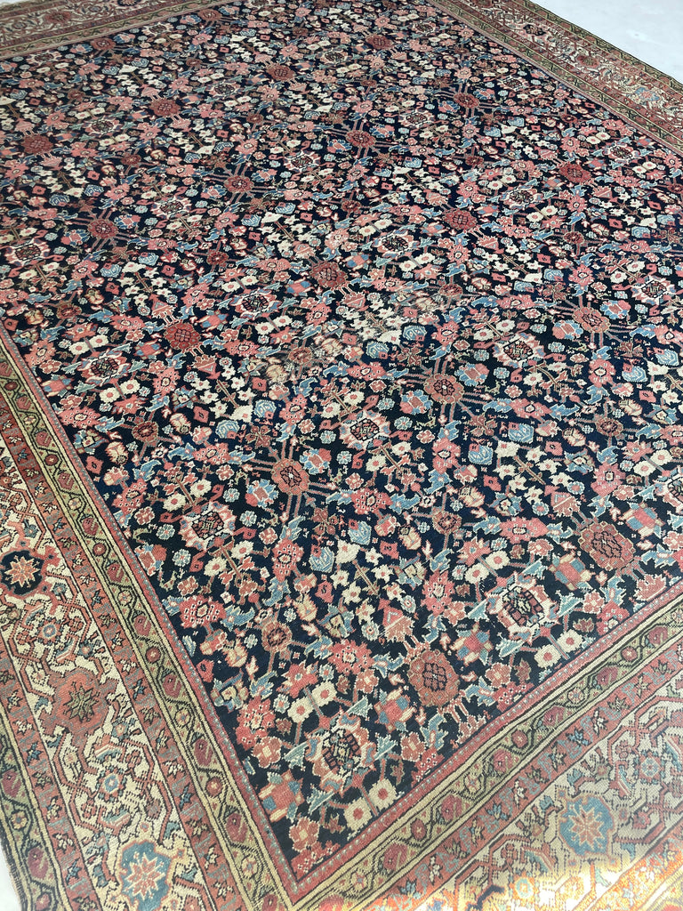 STUNNING Lattice Pattern Room-Size Antique Persian Feraghan, C. 1910-20 | Indigo, Pistachio Green, Ice Blue, Coral | 10.2 x 12.10