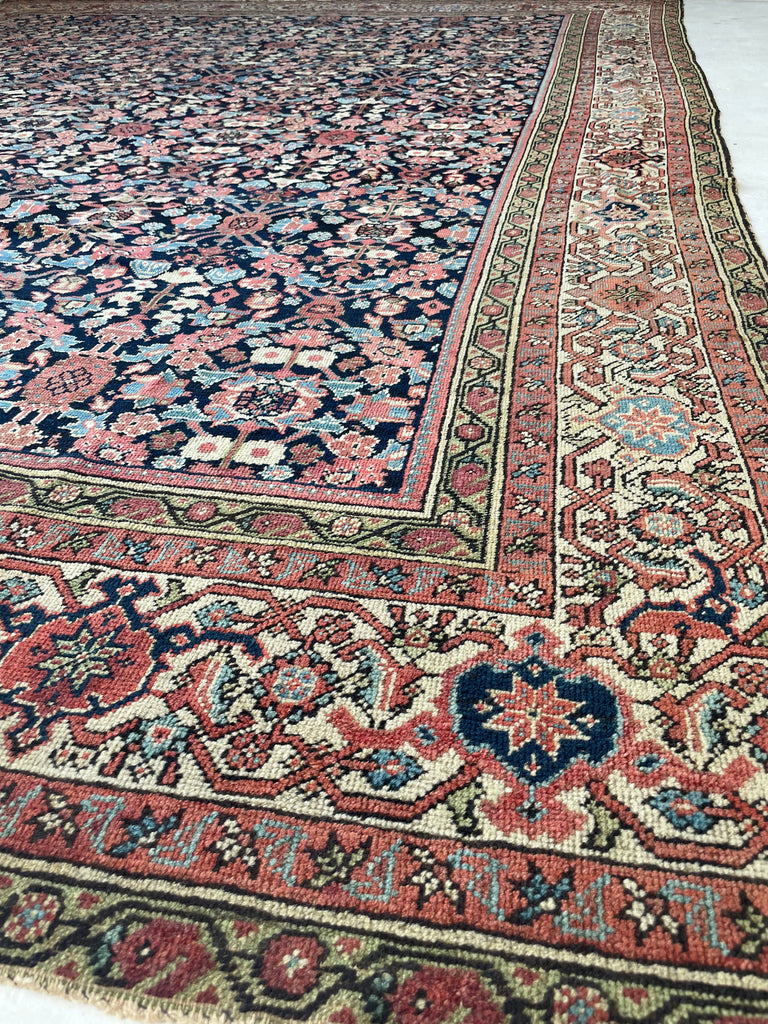 STUNNING Lattice Pattern Room-Size Antique Persian Feraghan, C. 1910-20 | Indigo, Pistachio Green, Ice Blue, Coral | 10.2 x 12.10