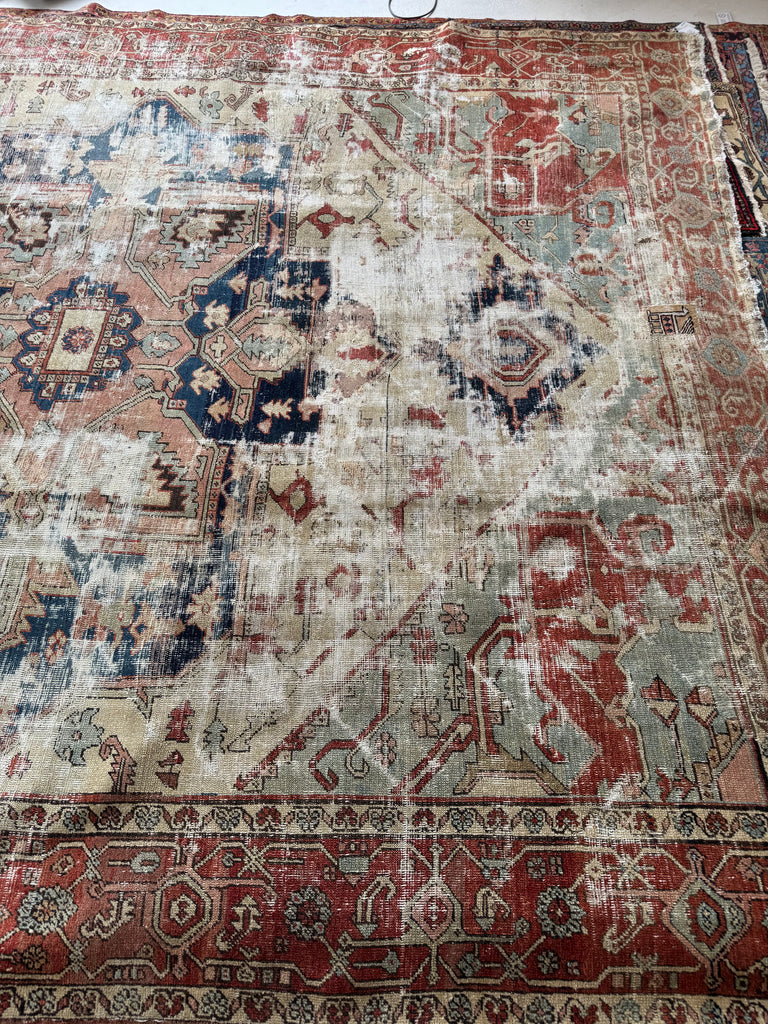 RESERVED FOR KATIE*** Payment 1 - GORGEOUSLY WORN 19th Century Antique Persian SERAPI | Sage Green, Rose, Camel, Rust | 10.3 x 12.2