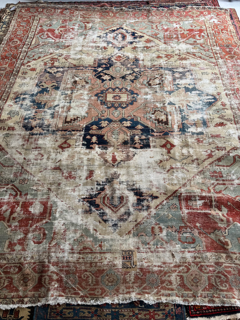 RESERVED FOR KATIE*** Payment 1 - GORGEOUSLY WORN 19th Century Antique Persian SERAPI | Sage Green, Rose, Camel, Rust | 10.3 x 12.2
