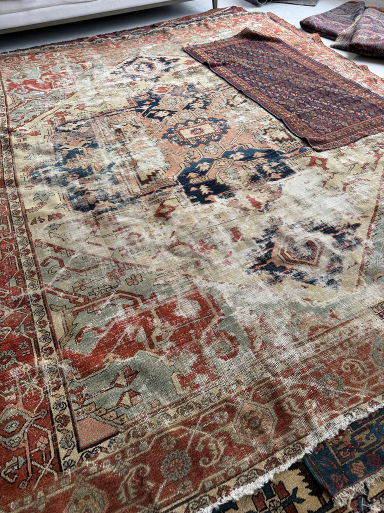 RESERVED FOR KATIE*** Payment 1 - GORGEOUSLY WORN 19th Century Antique Persian SERAPI | Sage Green, Rose, Camel, Rust | 10.3 x 12.2