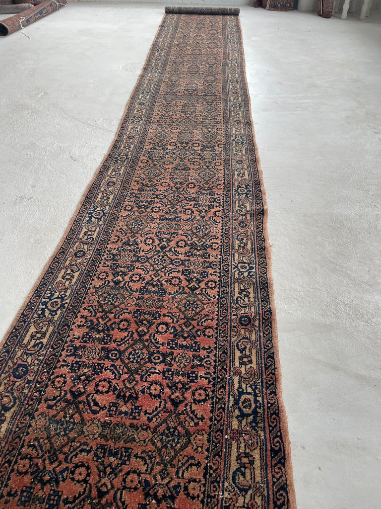 RESERVED FOR PHOTOSHOOT*** ~ 20 FOOT LONG Deep Coral & Glowiinng Blush with Indigo & Army Green Runner | 2.8 x 19.7
