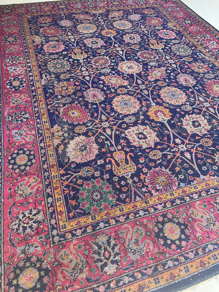 SPLENDID Vintage Turkish Tabriz Design | Magenta, Navy, Emerald Green, Saffron, Marigold | 9.3 x 12.2