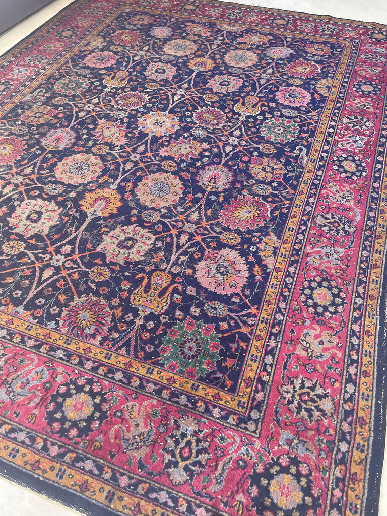 SPLENDID Vintage Turkish Tabriz Design | Magenta, Navy, Emerald Green, Saffron, Marigold | 9.3 x 12.2