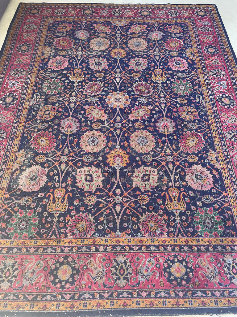 SPLENDID Vintage Turkish Tabriz Design | Magenta, Navy, Emerald Green, Saffron, Marigold | 9.3 x 12.2