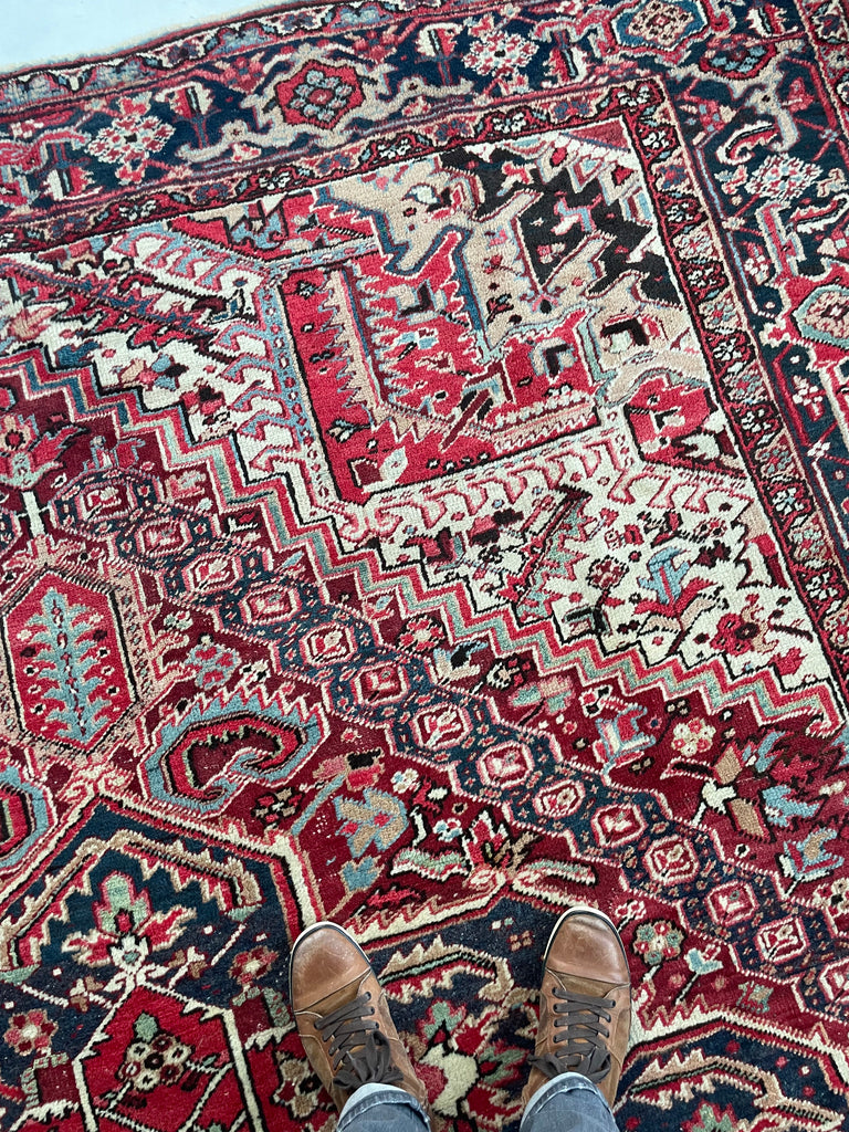 UNUSUAL Antique Rich Heriz  Full Pile | Pastel Greens, Burgundy, Merlot,  Beige, Ice Blue, Camel, Taupe | 9 x 11.8