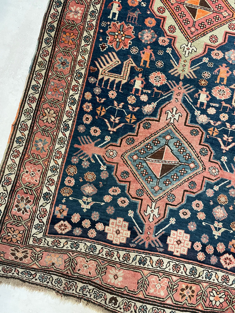 JAW DROPPING Antique Tribal GEM | Symbolic Immortal Peacock Akstafa Design with Blush, Indigo, Seafoam, Tangerine | 3.10 x 9.7