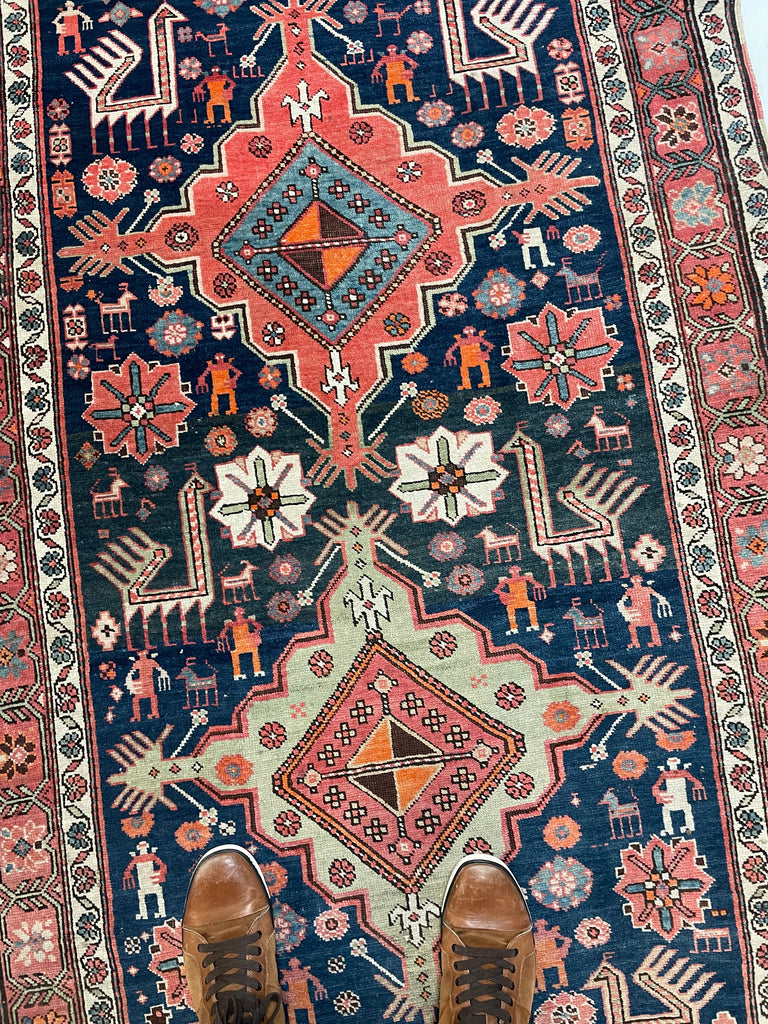 JAW DROPPING Antique Tribal GEM | Symbolic Immortal Peacock Akstafa Design with Blush, Indigo, Seafoam, Tangerine | 3.10 x 9.7