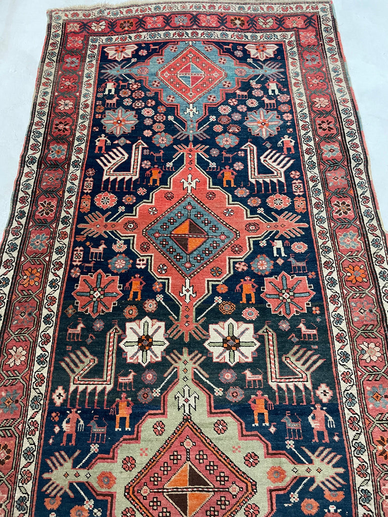 JAW DROPPING Antique Tribal GEM | Symbolic Immortal Peacock Akstafa Design with Blush, Indigo, Seafoam, Tangerine | 3.10 x 9.7