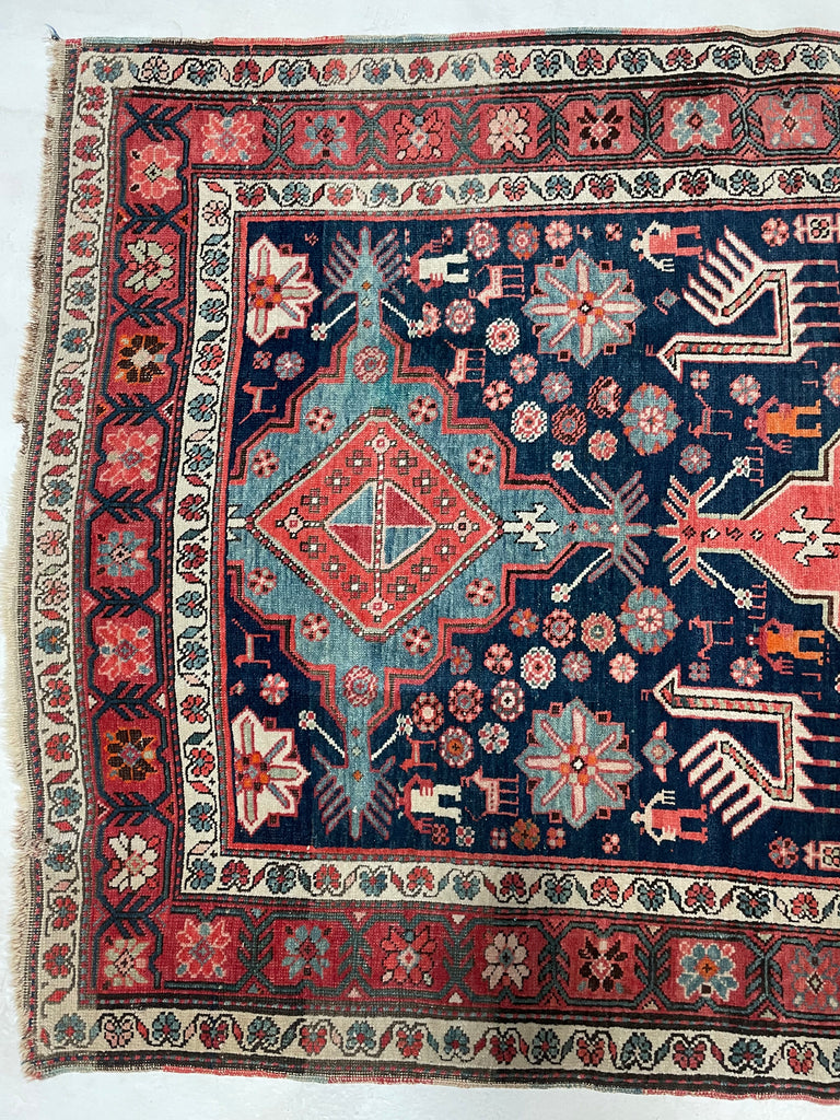 JAW DROPPING Antique Tribal GEM | Symbolic Immortal Peacock Akstafa Design with Blush, Indigo, Seafoam, Tangerine | 3.10 x 9.7