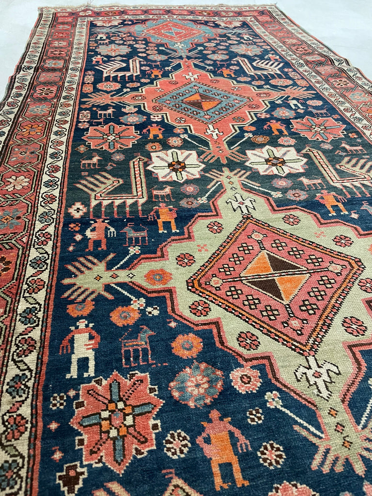 JAW DROPPING Antique Tribal GEM | Symbolic Immortal Peacock Akstafa Design with Blush, Indigo, Seafoam, Tangerine | 3.10 x 9.7