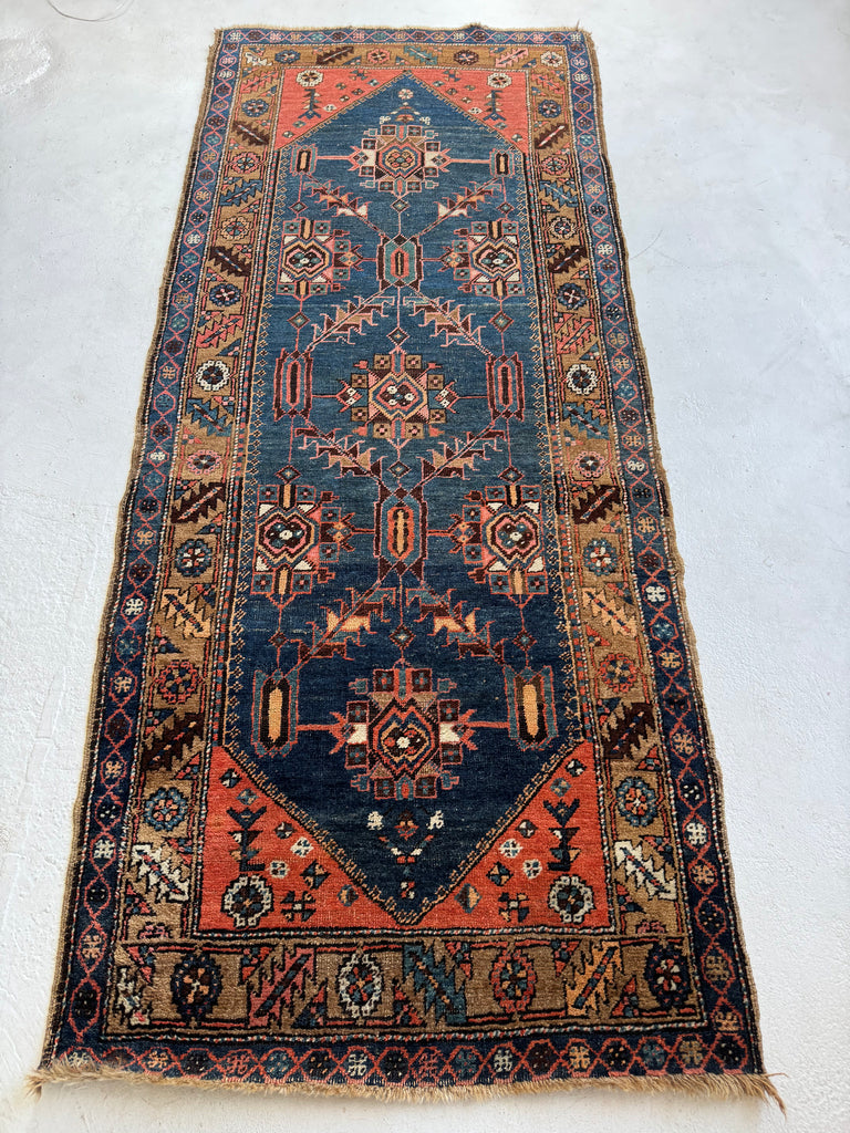 COLLECTOR'S Antique NW Persian Bakshayesh Runner | Camel, Indigo, Coral Wool Foundation | 3.2 x 7.10