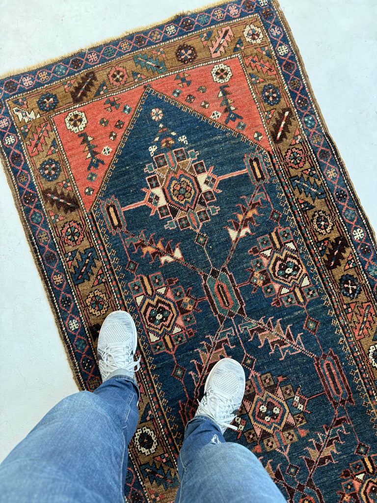 COLLECTOR'S Antique NW Persian Bakshayesh Runner | Camel, Indigo, Coral Wool Foundation | 3.2 x 7.10