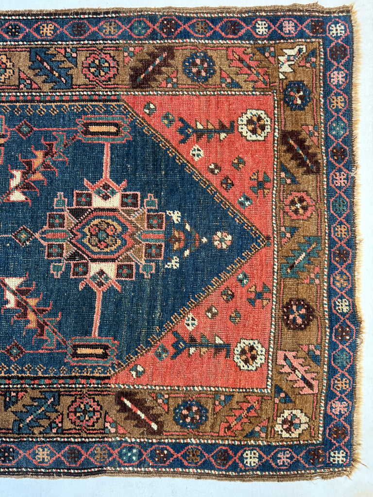 COLLECTOR'S Antique NW Persian Bakshayesh Runner | Camel, Indigo, Coral Wool Foundation | 3.2 x 7.10
