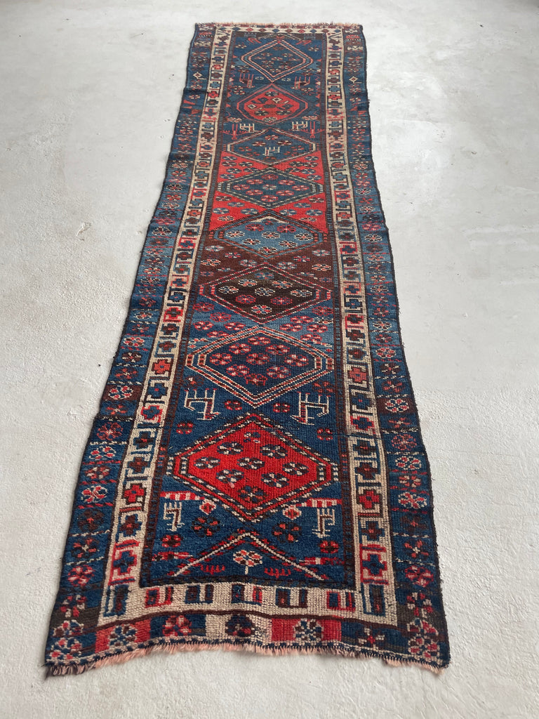 NAUTICAL Antique Runner with Charming Protective Animals | Wild Blues & Rusty Persimmon | 3.2 x 10.7