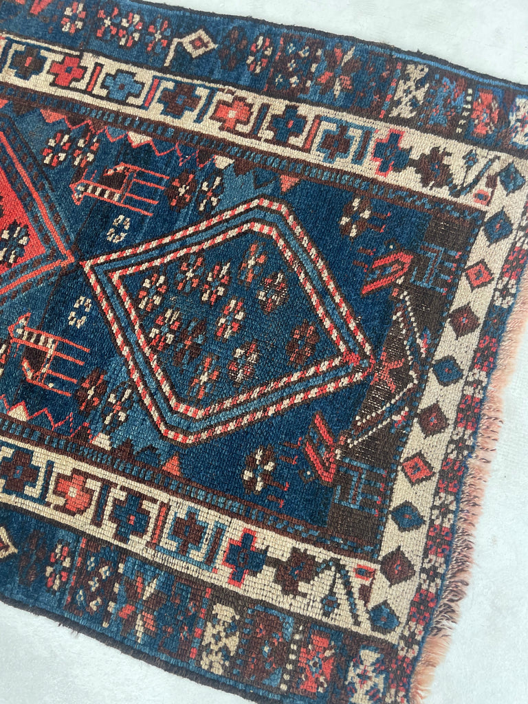 NAUTICAL Antique Runner with Charming Protective Animals | Wild Blues & Rusty Persimmon | 3.2 x 10.7