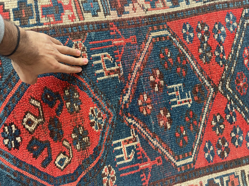NAUTICAL Antique Runner with Charming Protective Animals | Wild Blues & Rusty Persimmon | 3.2 x 10.7