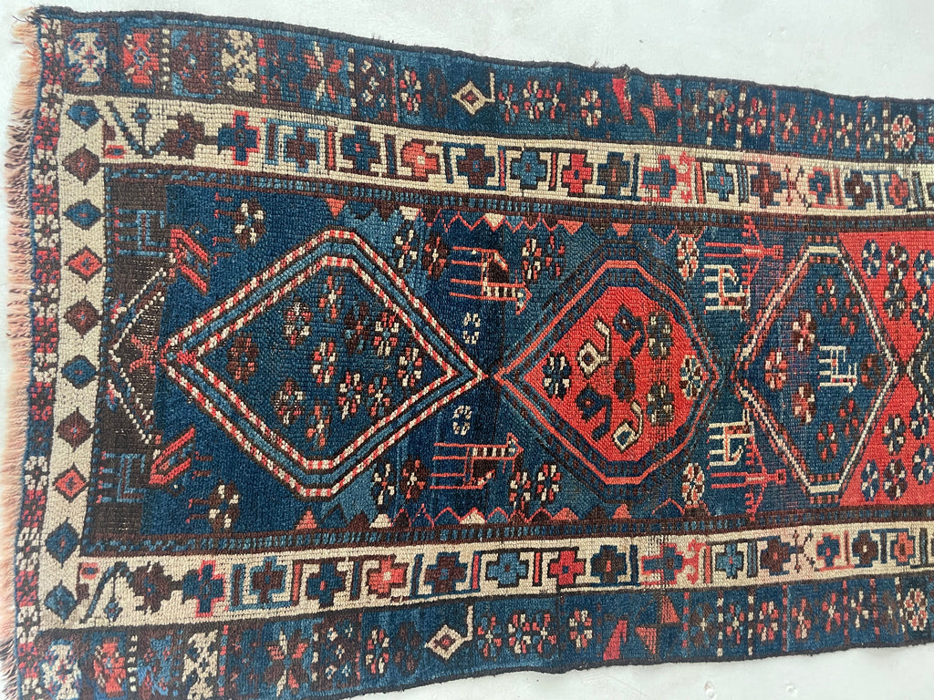 NAUTICAL Antique Runner with Charming Protective Animals | Wild Blues & Rusty Persimmon | 3.2 x 10.7