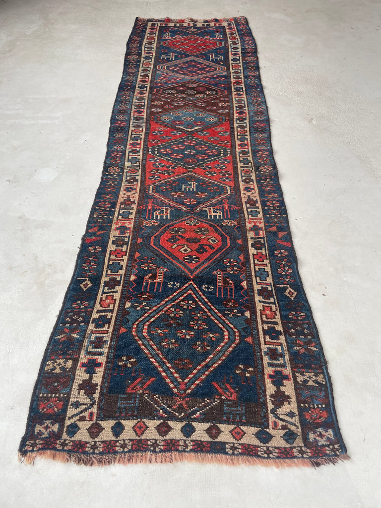NAUTICAL Antique Runner with Charming Protective Animals | Wild Blues & Rusty Persimmon | 3.2 x 10.7