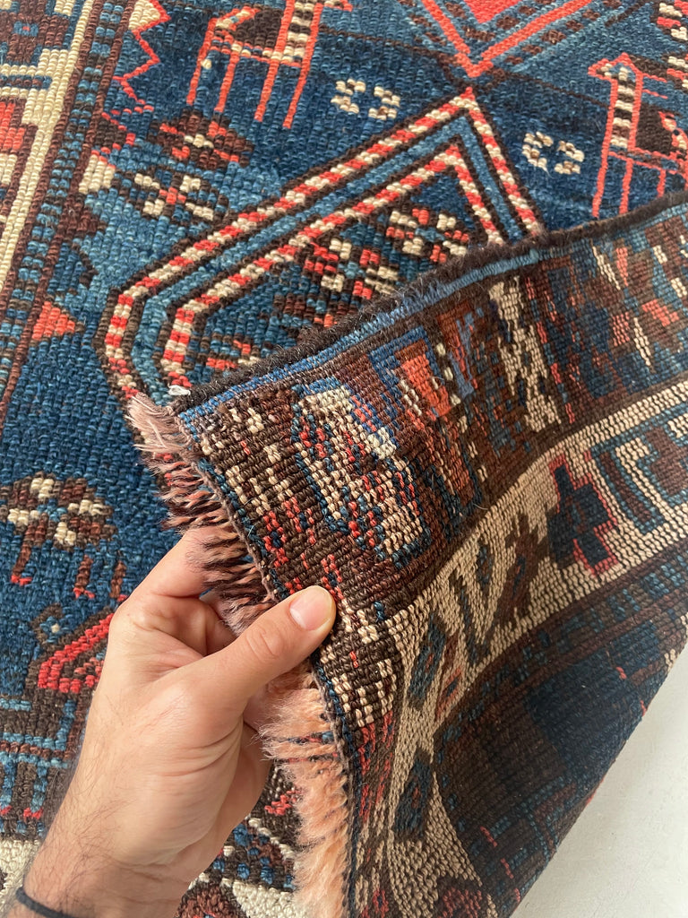 NAUTICAL Antique Runner with Charming Protective Animals | Wild Blues & Rusty Persimmon | 3.2 x 10.7
