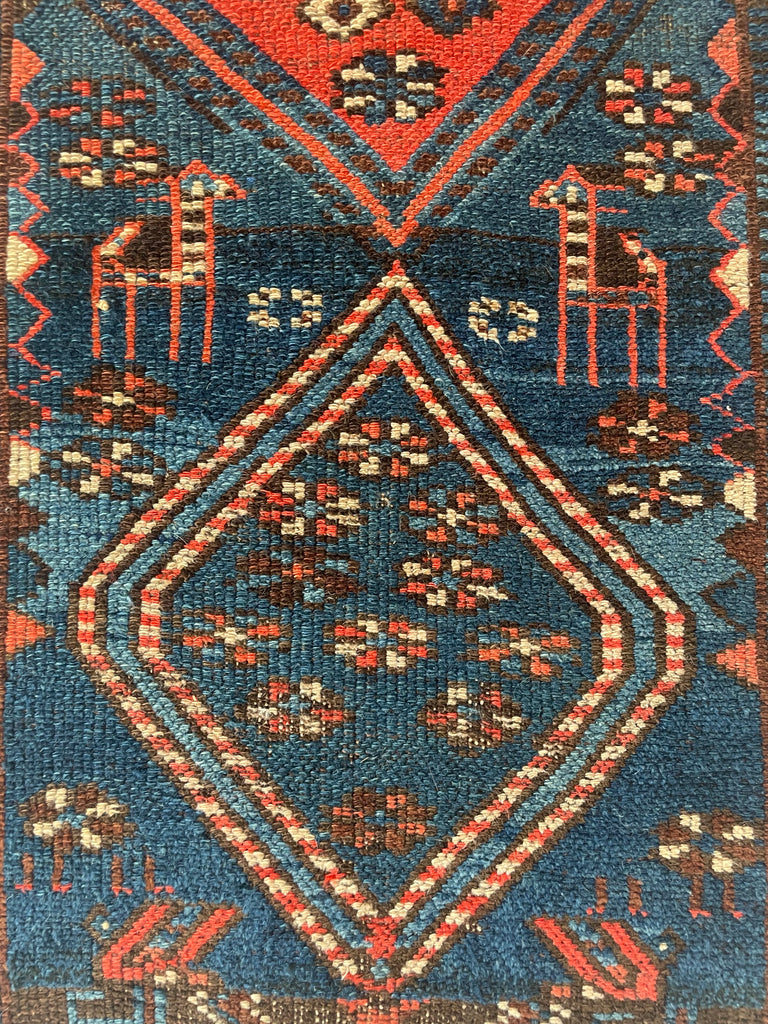 NAUTICAL Antique Runner with Charming Protective Animals | Wild Blues & Rusty Persimmon | 3.2 x 10.7