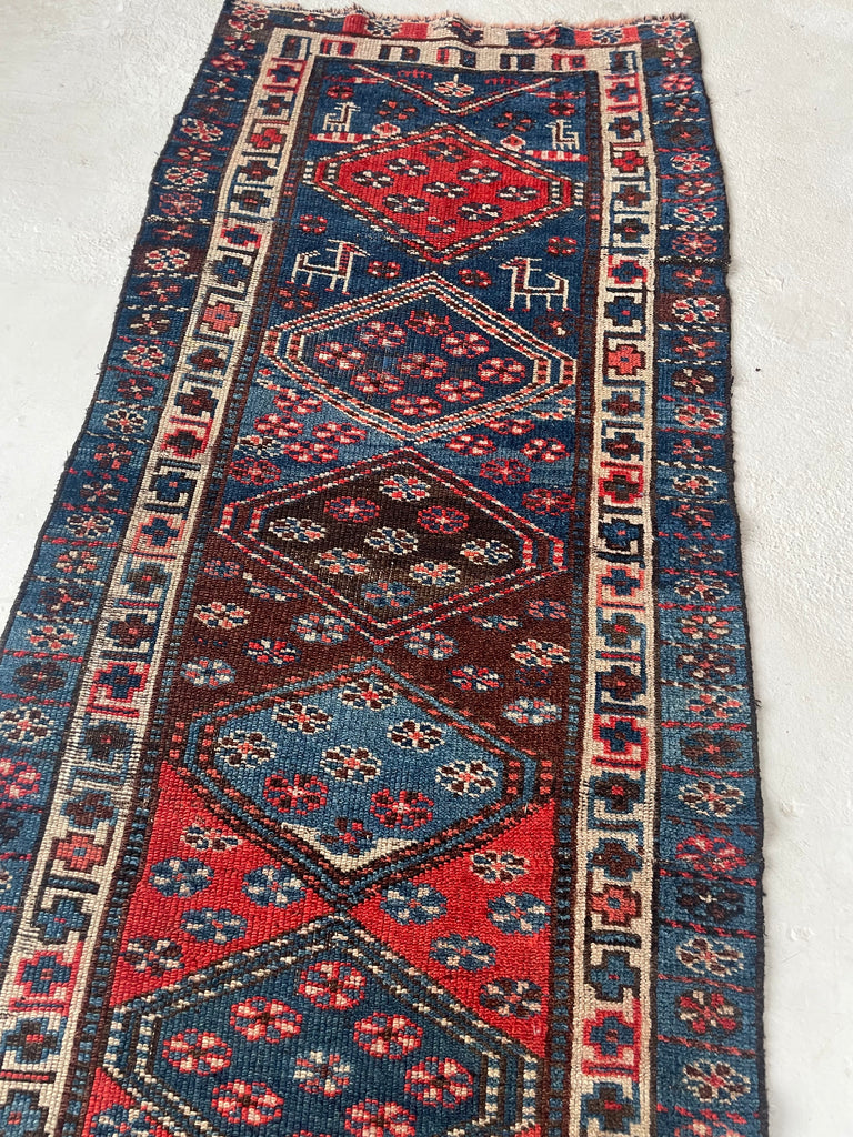 NAUTICAL Antique Runner with Charming Protective Animals | Wild Blues & Rusty Persimmon | 3.2 x 10.7