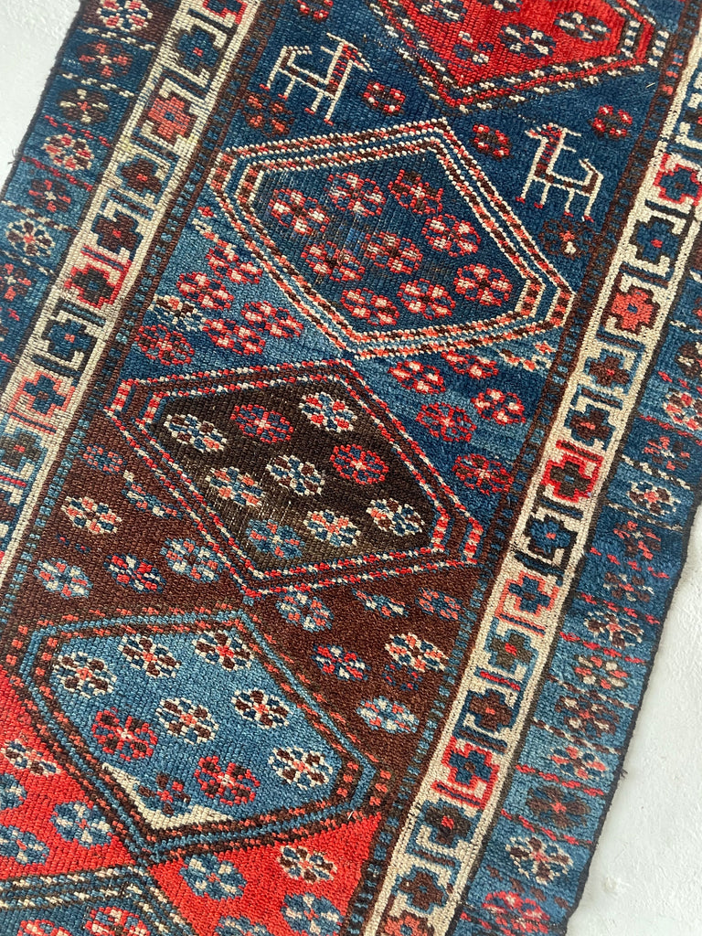 NAUTICAL Antique Runner with Charming Protective Animals | Wild Blues & Rusty Persimmon | 3.2 x 10.7