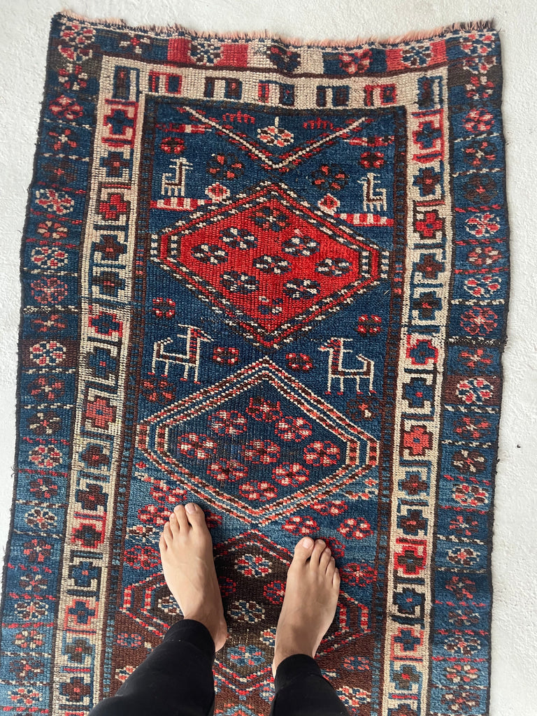 NAUTICAL Antique Runner with Charming Protective Animals | Wild Blues & Rusty Persimmon | 3.2 x 10.7