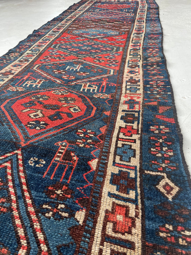 NAUTICAL Antique Runner with Charming Protective Animals | Wild Blues & Rusty Persimmon | 3.2 x 10.7