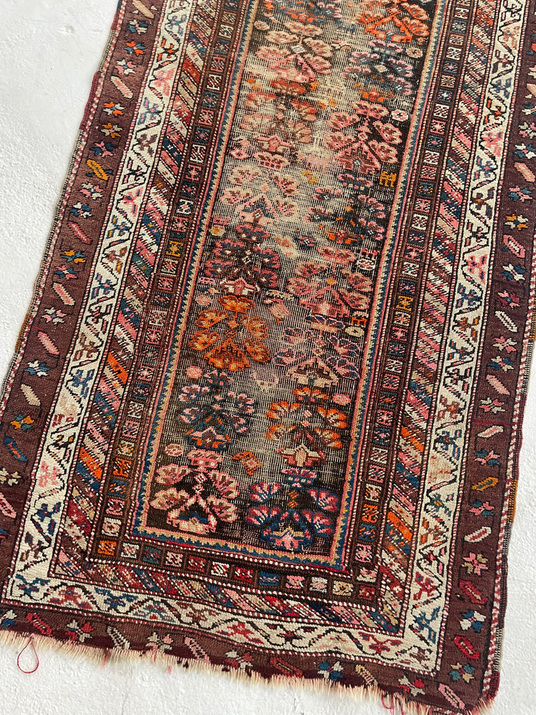 LOVELY Antique Kurdish Runner with Oxidized Browns, Pinks, Tangerine & More | 3.2 x 8.9