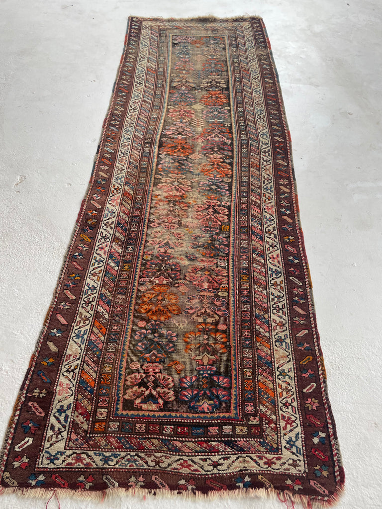 LOVELY Antique Kurdish Runner with Oxidized Browns, Pinks, Tangerine & More | 3.2 x 8.9