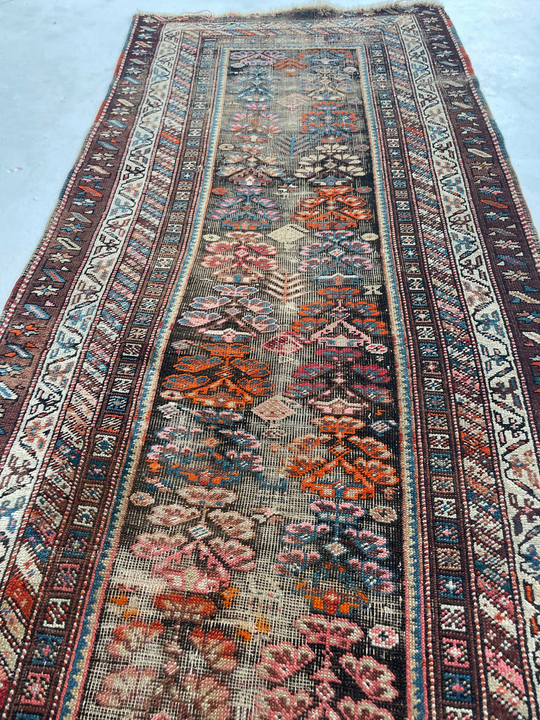 LOVELY Antique Kurdish Runner with Oxidized Browns, Pinks, Tangerine & More | 3.2 x 8.9