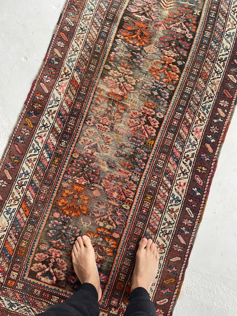LOVELY Antique Kurdish Runner with Oxidized Browns, Pinks, Tangerine & More | 3.2 x 8.9