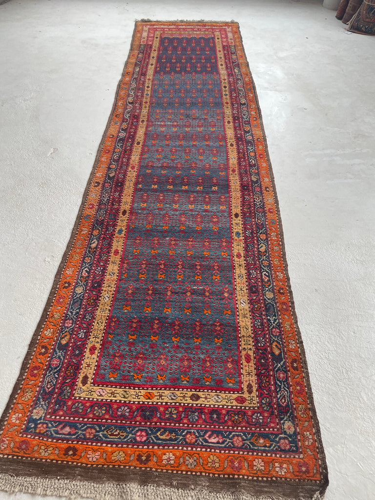 SOLD | MAGNIFICENT Vintage Runner with Lush Wool filled with Glacier Steel Blues & Sunset Hues | 3.4 x 12.9