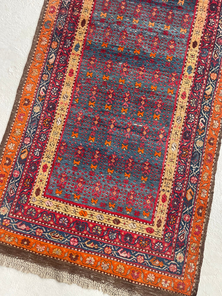 SOLD | MAGNIFICENT Vintage Runner with Lush Wool filled with Glacier Steel Blues & Sunset Hues | 3.4 x 12.9