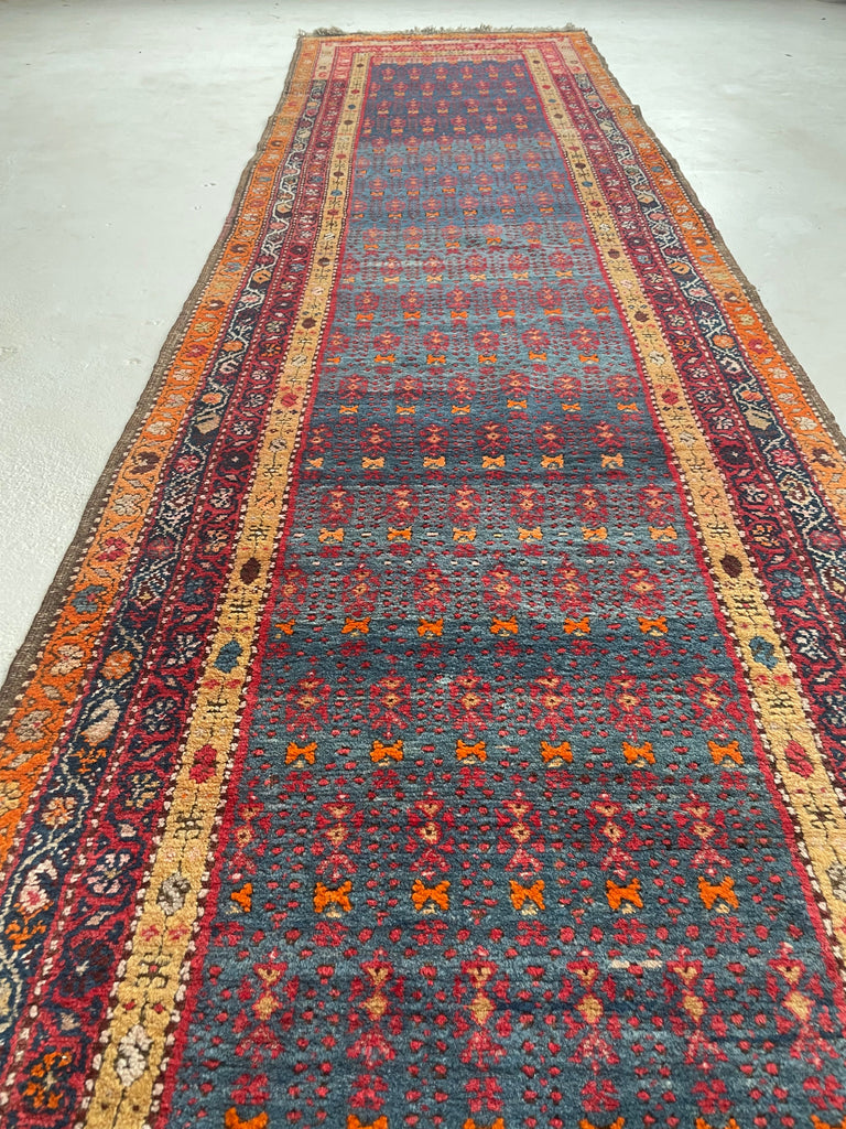 SOLD | MAGNIFICENT Vintage Runner with Lush Wool filled with Glacier Steel Blues & Sunset Hues | 3.4 x 12.9