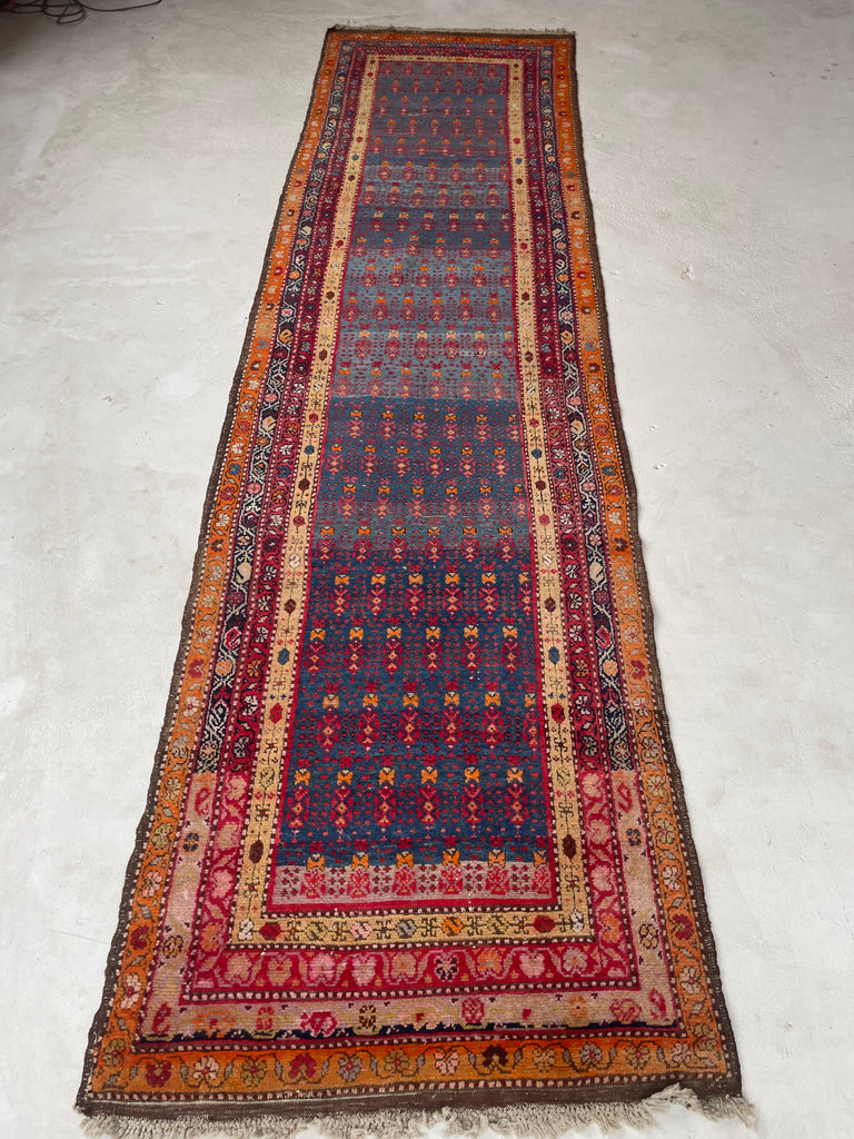 SOLD | MAGNIFICENT Vintage Runner with Lush Wool filled with Glacier Steel Blues & Sunset Hues | 3.4 x 12.9