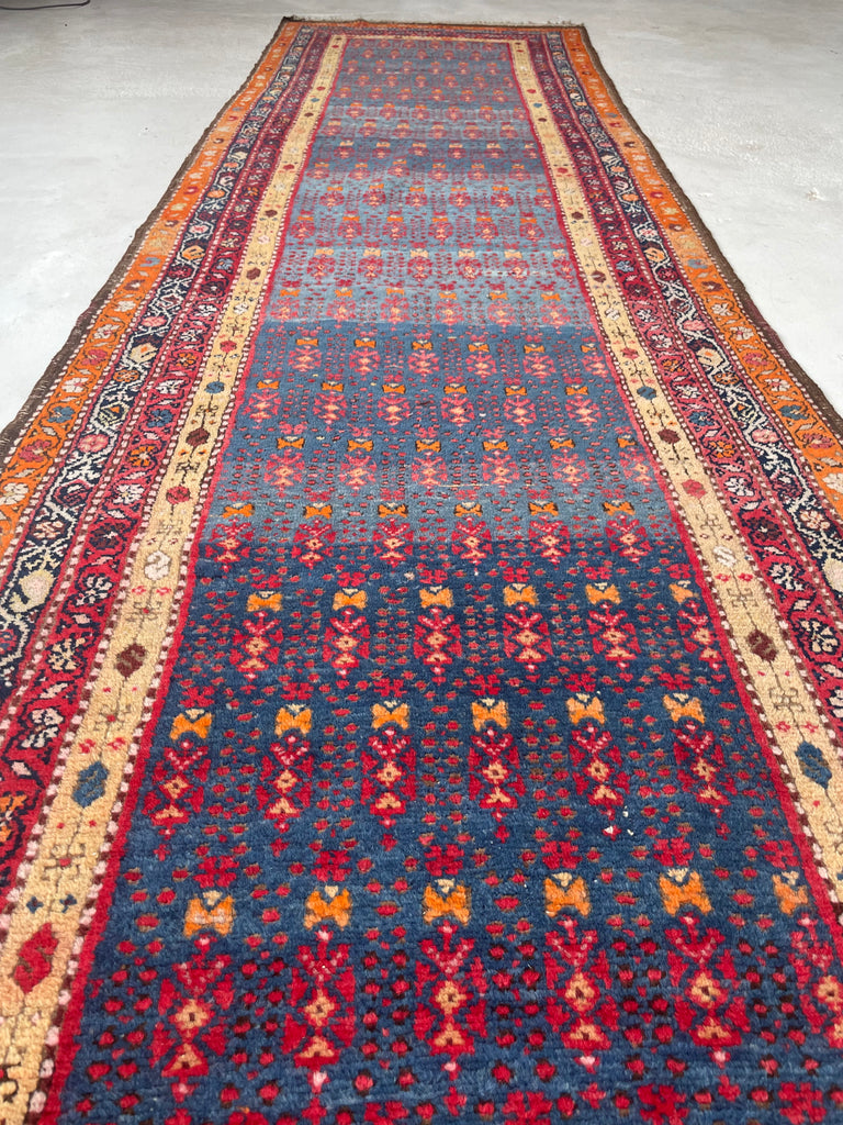 SOLD | MAGNIFICENT Vintage Runner with Lush Wool filled with Glacier Steel Blues & Sunset Hues | 3.4 x 12.9