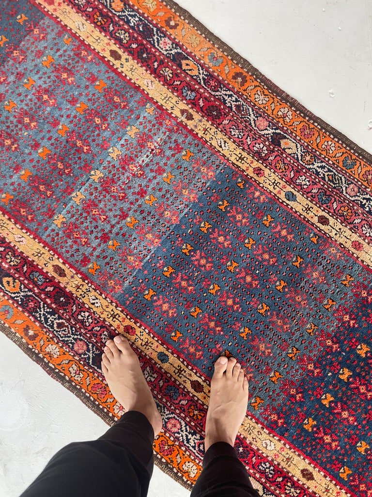 SOLD | MAGNIFICENT Vintage Runner with Lush Wool filled with Glacier Steel Blues & Sunset Hues | 3.4 x 12.9