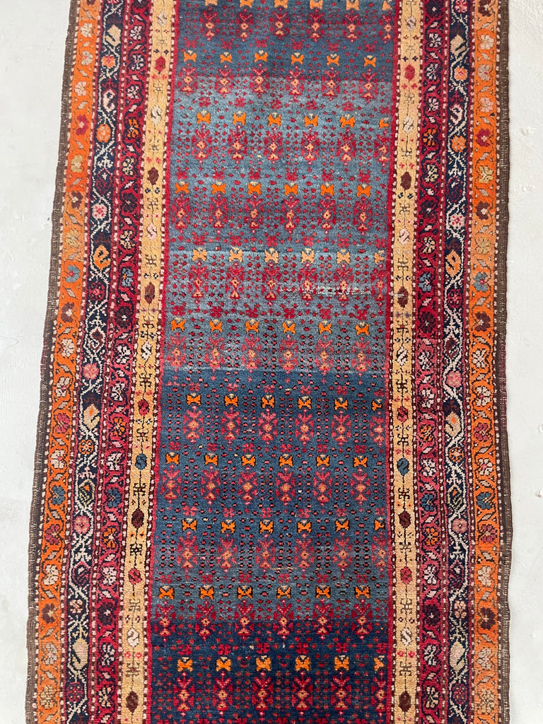 SOLD | MAGNIFICENT Vintage Runner with Lush Wool filled with Glacier Steel Blues & Sunset Hues | 3.4 x 12.9