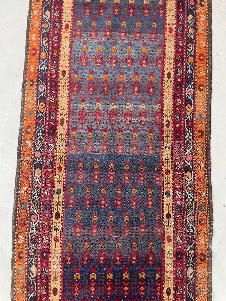 MAGNIFICENT Vintage Runner with Lush Wool filled with Glacier Steel Blues & Sunset Hues | 3.4 x 12.9