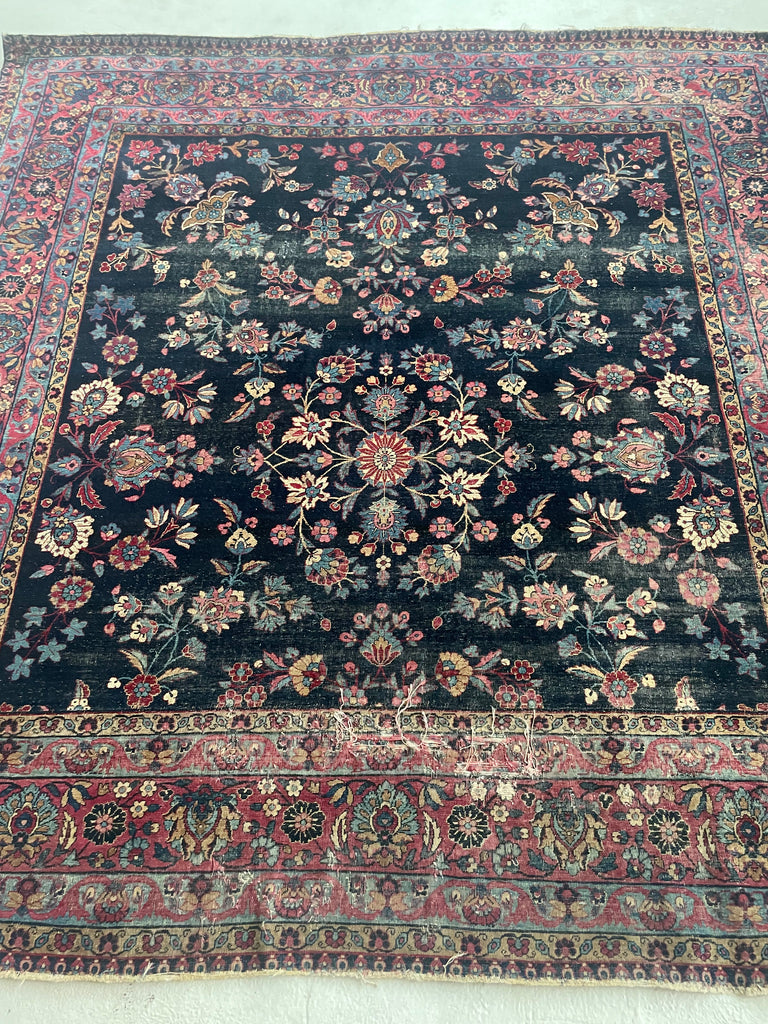 SOLD | SQUARE Persian Kerman/Yazd Botanical Gem with Ornate Flora & Vines | Berry, Indigo, Camel | 8 x 8.6