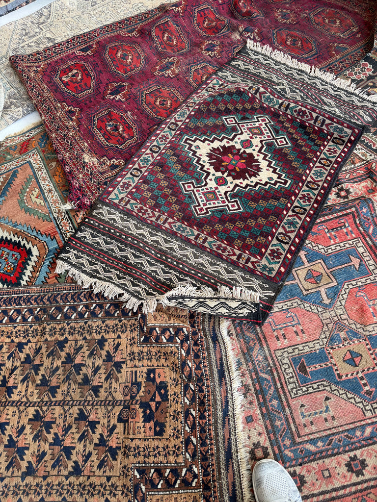 3 Rugs: Boho, Prayer Rug, & Old Tekke Fragment with extra Pads