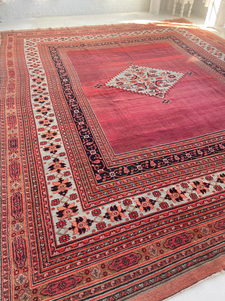 UNREAL PALATIAL ANTIQUE CARPET | Northeast Khorrassan Gem with Smokey Wine, Antique Ruby, Soft-Glacier Blue, Apricot | 13.2 x 15.7