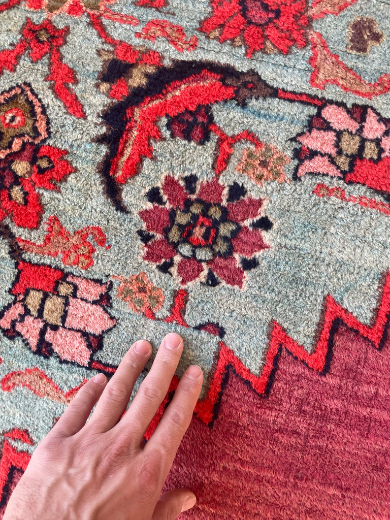 UNREAL PALATIAL ANTIQUE CARPET | Northeast Khorrassan Gem with Smokey Wine, Antique Ruby, Soft-Glacier Blue, Apricot | 13.2 x 15.7